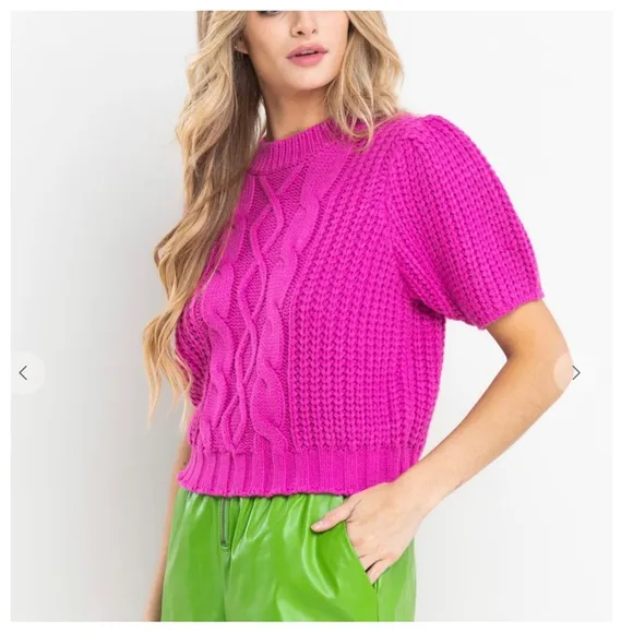 33 Boho Puff Short Sleeve Cable Sweater Top