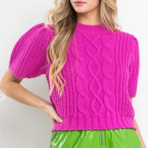 33 Boho Puff Short Sleeve Cable Sweater Top