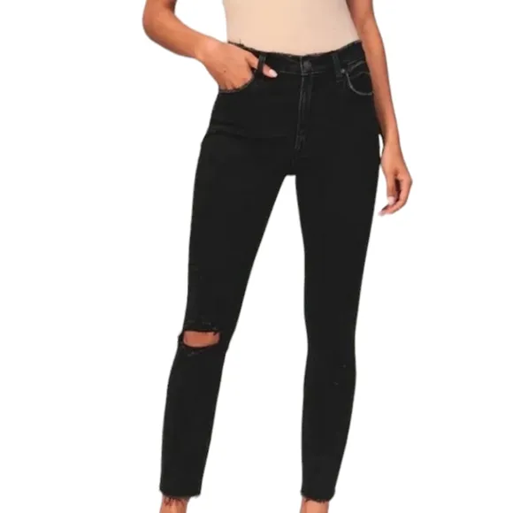 Abercrombie &amp; Fitch Short Skinny High Rise Jean Ripped Knee Raw Hem Black 26 2