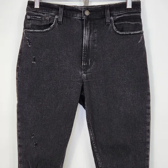 Abercrombie &amp; Fitch Short Skinny High Rise Jean Ripped Knee Raw Hem Black 26 2