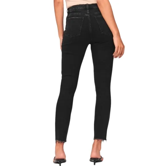Abercrombie &amp; Fitch Short Skinny High Rise Jean Ripped Knee Raw Hem Black 26 2