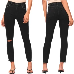 Abercrombie &amp; Fitch Short Skinny High Rise Jean Ripped Knee Raw Hem Black 26 2