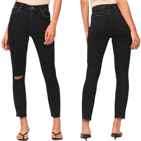 Abercrombie &amp; Fitch Short Skinny High Rise Jean Ripped Knee Raw Hem Black 26 2