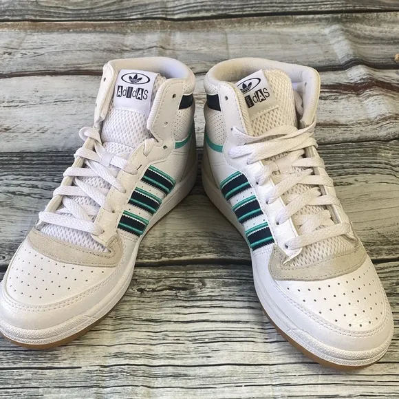 Adidas Junior Top Ten RB J White High-Top Sneakers w/Blue &amp; Green Stripes Sz 6.5