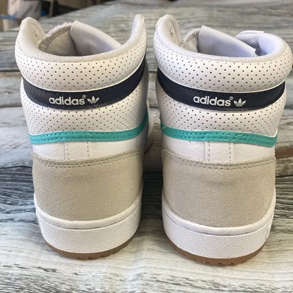 Adidas Junior Top Ten RB J White High-Top Sneakers w/Blue &amp; Green Stripes Sz 6.5