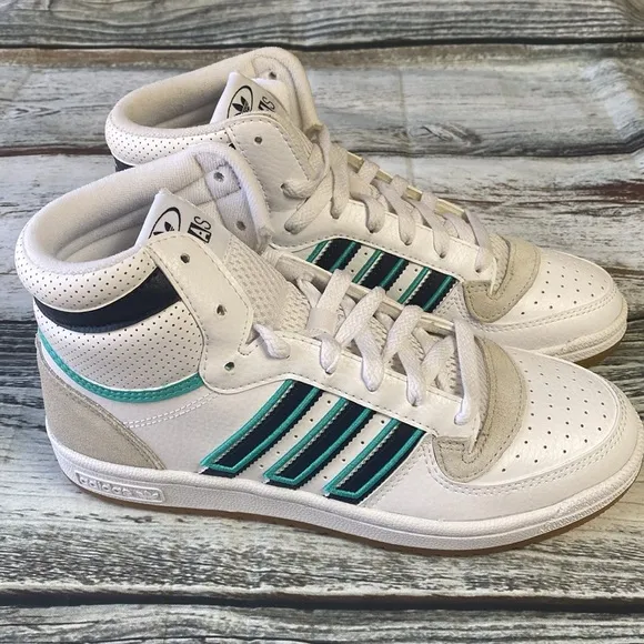 Adidas Junior Top Ten RB J White High-Top Sneakers w/Blue &amp; Green Stripes Sz 6.5