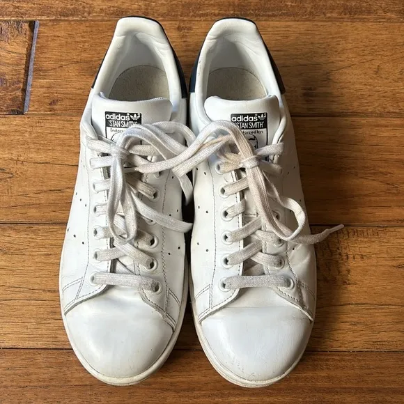 Adidas Stan Smith Sneakers Tennis Shoes White Dark Blue Leather Womens Size 8