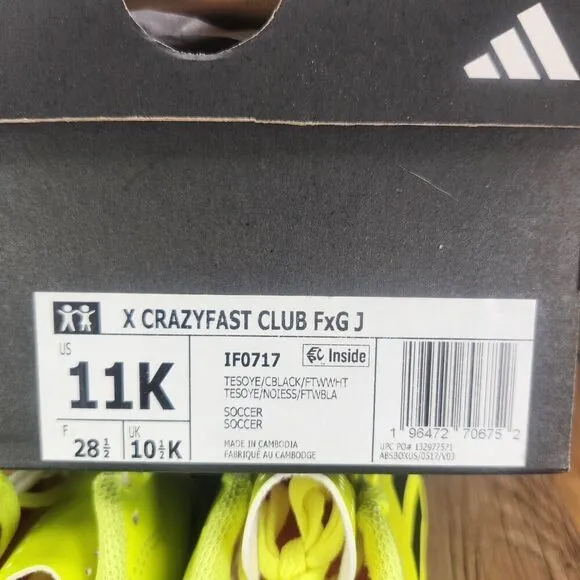 Adidas X Crazyfast Club FxG Kids Size 11K Yellow Black Soccer Cleats IF0717 NEW