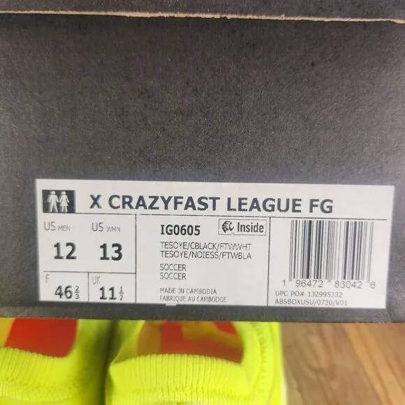 Adidas X Crazyfast League FG IG0605 Mens Size 12 Yellow Athletic Soccer Cleats