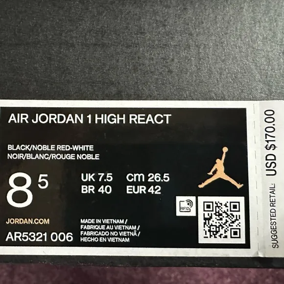 Air Jordan 1 High React Black Noble Red; men’s 8.5