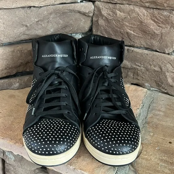 Alexander McQueen‎ Black Leather Studded High Top Sneaker / SZ 42.5 or 9.5