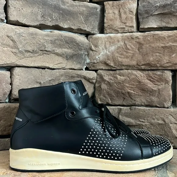 Alexander McQueen‎ Black Leather Studded High Top Sneaker / SZ 42.5 or 9.5