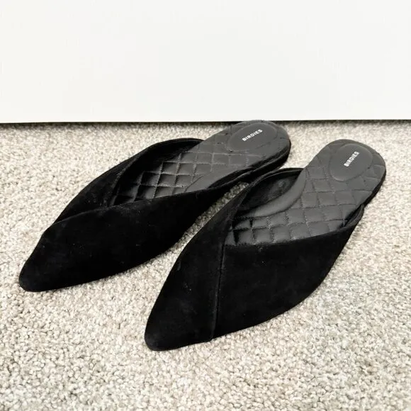 Birdies The Swan Pointed Toe Slip On Mules Black Suede Flats Slide Shoes Size 10