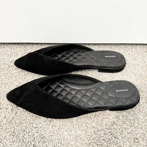 Birdies The Swan Pointed Toe Slip On Mules Black Suede Flats Slide Shoes Size 10