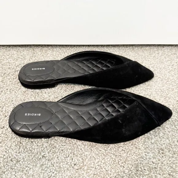Birdies The Swan Pointed Toe Slip On Mules Black Suede Flats Slide Shoes Size 10