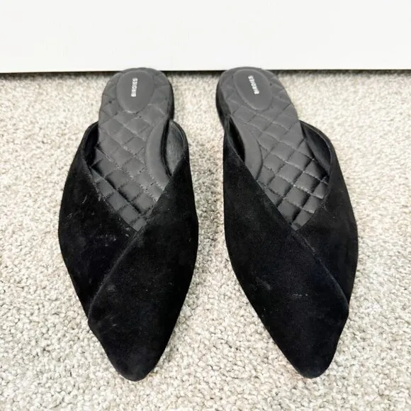 Birdies The Swan Pointed Toe Slip On Mules Black Suede Flats Slide Shoes Size 10