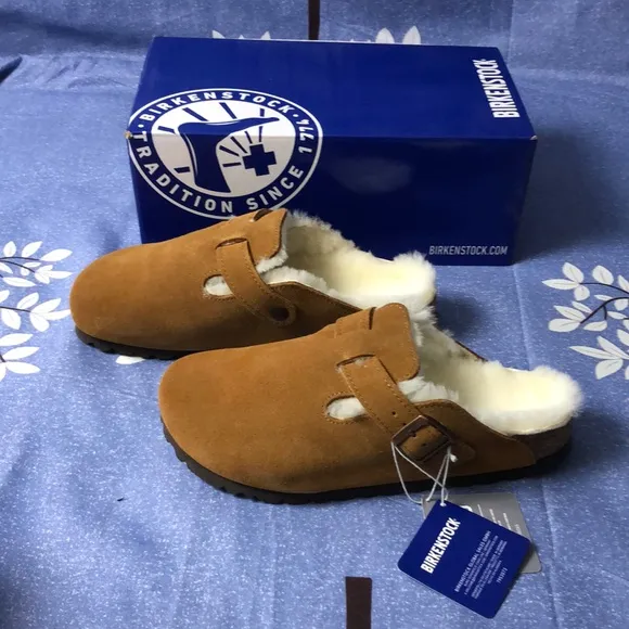 Birkenstock Boston Mink Mules with Sherpa Lining - Narrow