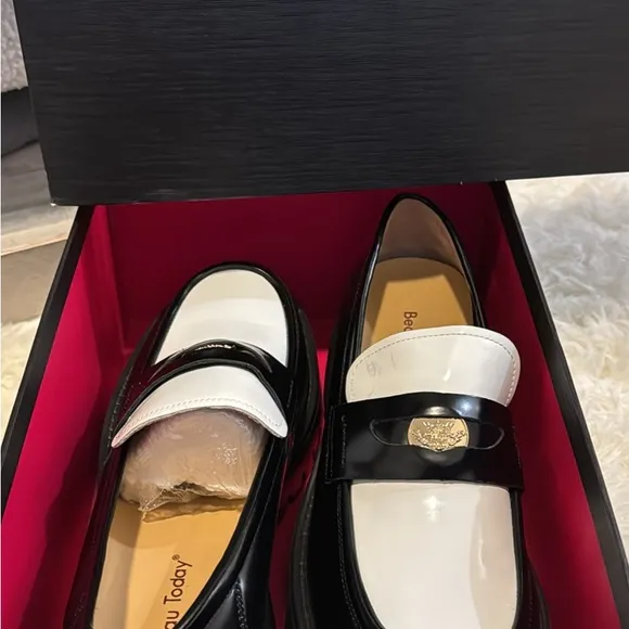 Black Leather Flats with White Accents NEVER WORN