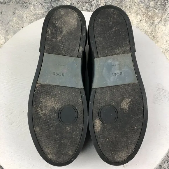 BOSS Mens Size 43 Black Smooth Calfskin Leather Low Top Sneakers ITALY