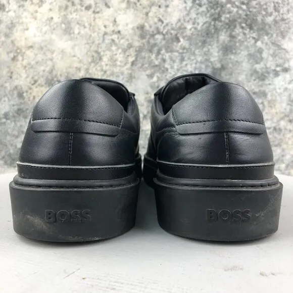 BOSS Mens Size 43 Black Smooth Calfskin Leather Low Top Sneakers ITALY