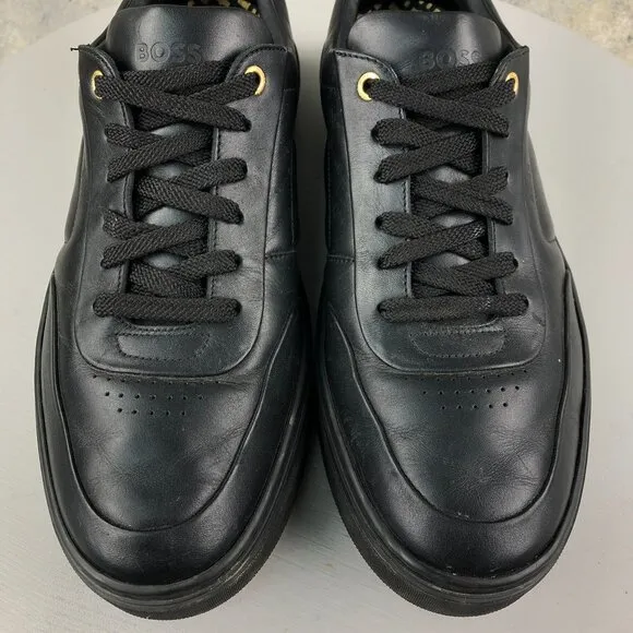BOSS Mens Size 43 Black Smooth Calfskin Leather Low Top Sneakers ITALY