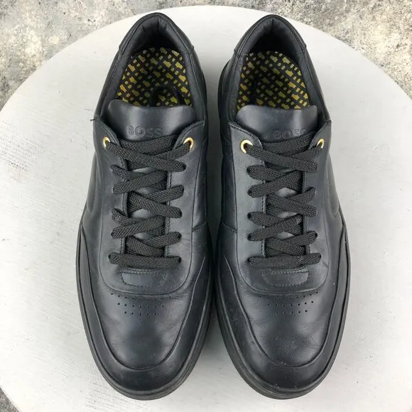 BOSS Mens Size 43 Black Smooth Calfskin Leather Low Top Sneakers ITALY