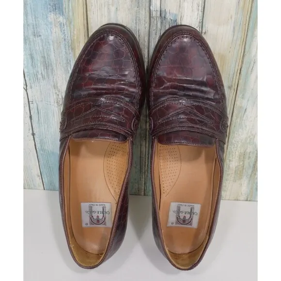 Cable &amp; Co Men's Size 10 Brown Croc Embossed Burgundy Penny Loafer Dress Shoes
