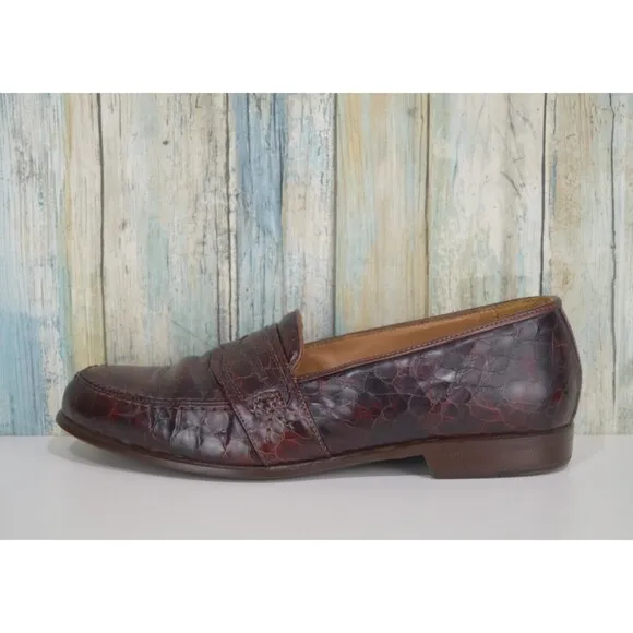 Cable &amp; Co Men's Size 10 Brown Croc Embossed Burgundy Penny Loafer Dress Shoes