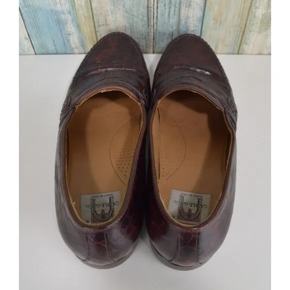 Cable &amp; Co Men's Size 10 Brown Croc Embossed Burgundy Penny Loafer Dress Shoes