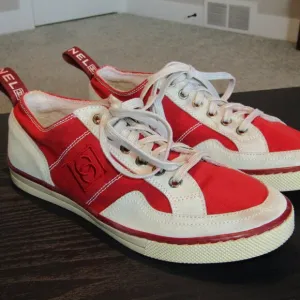 Chanel Ladies Tennis Shoes Rubber Sole Red Canvas &amp; Gray Suede