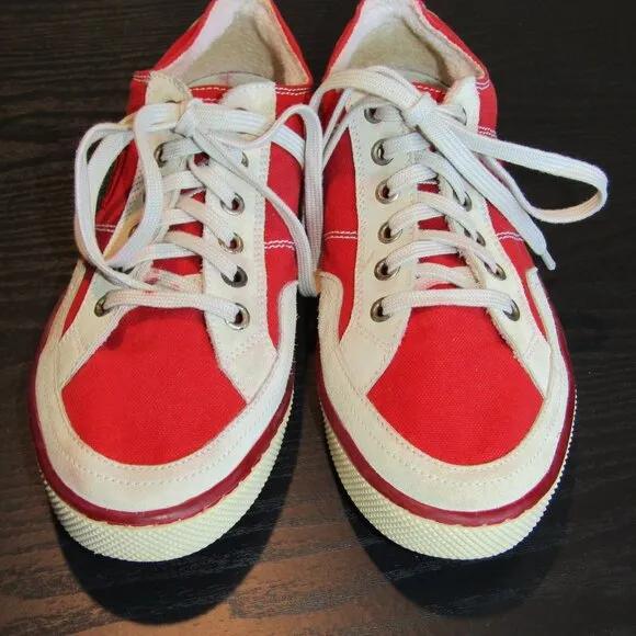 Chanel Ladies Tennis Shoes Rubber Sole Red Canvas &amp; Gray Suede