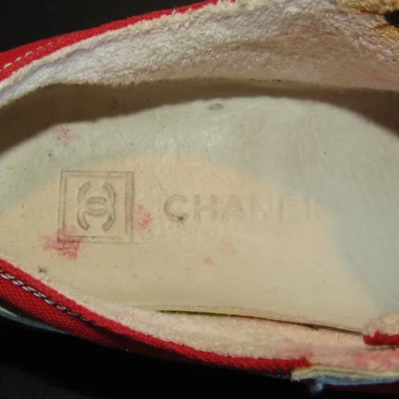Chanel Ladies Tennis Shoes Rubber Sole Red Canvas &amp; Gray Suede