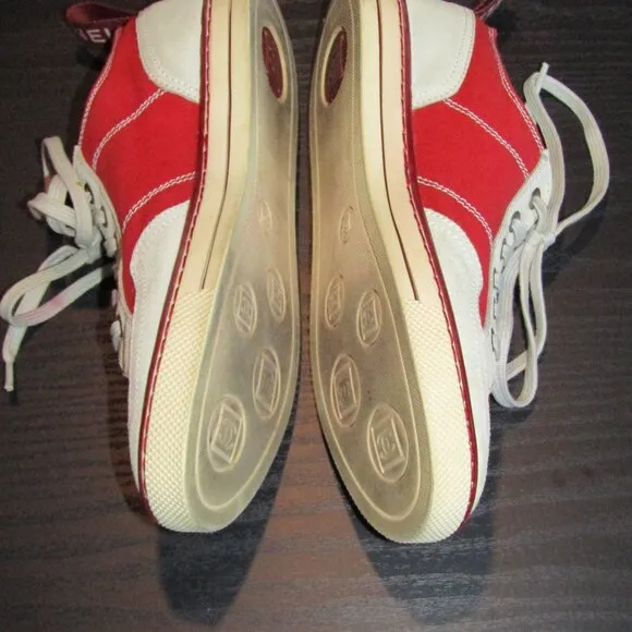 Chanel Ladies Tennis Shoes Rubber Sole Red Canvas &amp; Gray Suede