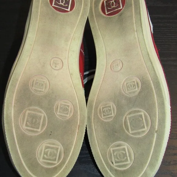 Chanel Ladies Tennis Shoes Rubber Sole Red Canvas &amp; Gray Suede