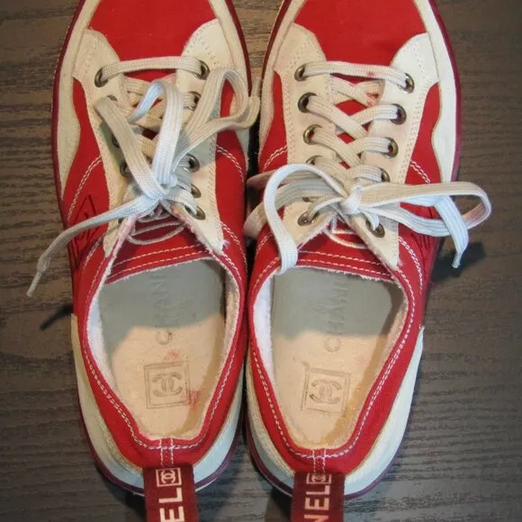 Chanel Ladies Tennis Shoes Rubber Sole Red Canvas &amp; Gray Suede