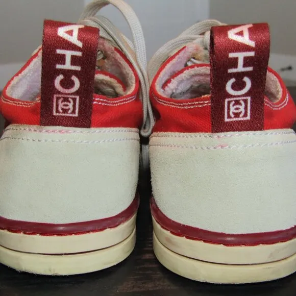 Chanel Ladies Tennis Shoes Rubber Sole Red Canvas &amp; Gray Suede
