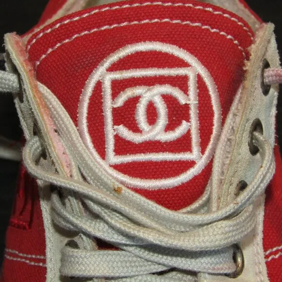 Chanel Ladies Tennis Shoes Rubber Sole Red Canvas &amp; Gray Suede
