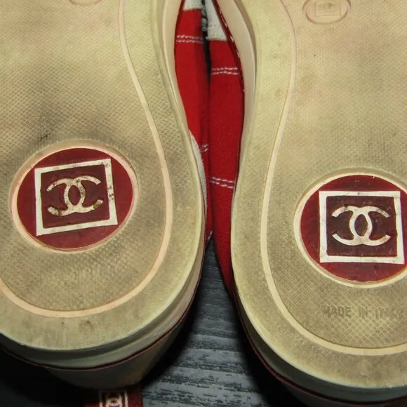 Chanel Ladies Tennis Shoes Rubber Sole Red Canvas &amp; Gray Suede