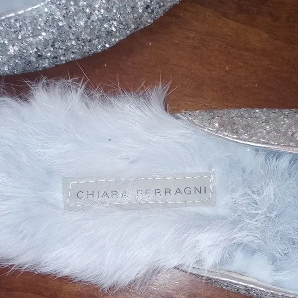 Chiara Ferragni Silver Glitter Winking Eye Flirting Maribu Mules ~ Size 7.5 - 8