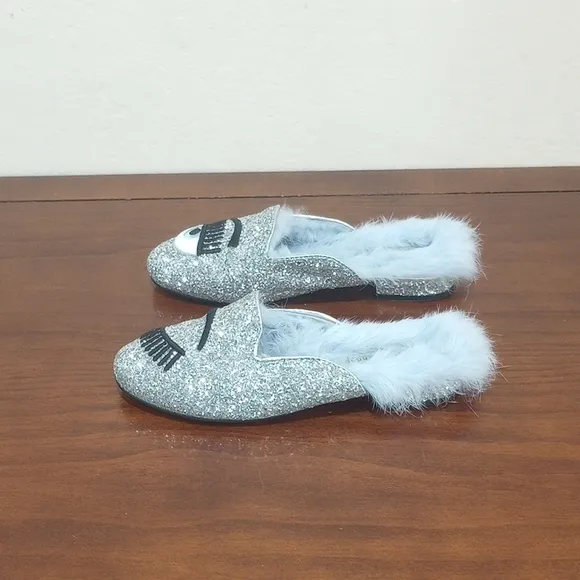 Chiara Ferragni Silver Glitter Winking Eye Flirting Maribu Mules ~ Size 7.5 - 8