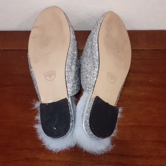 Chiara Ferragni Silver Glitter Winking Eye Flirting Maribu Mules ~ Size 7.5 - 8