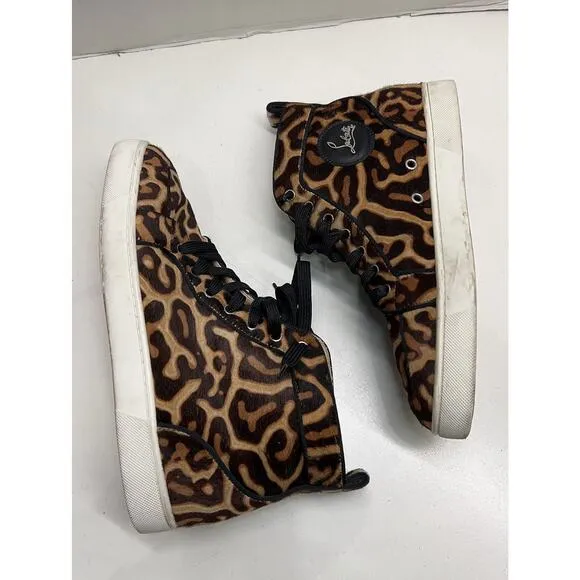 CHRISTIAN LOUBOUTIN Rantus Orlato Brown Leopard Calf Hair High Top Sneakers EU41