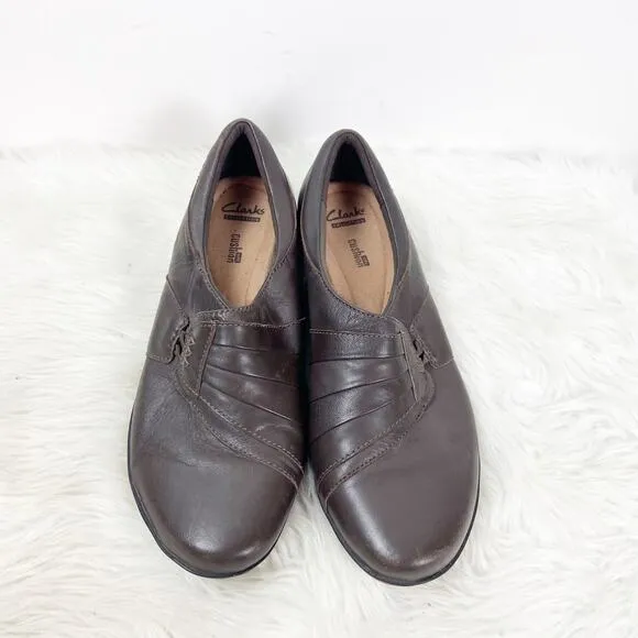 Clarks Collection 9.5 M Womens Brown Leather Ribbed Slip-on Comfort Shoes