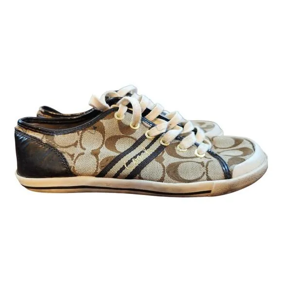Coach logo sneakers women's sz 9 shoe brown &amp; beige  tennis shoe lace up shoes