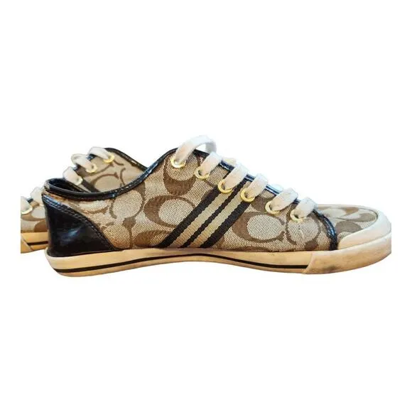 Coach logo sneakers women's sz 9 shoe brown &amp; beige  tennis shoe lace up shoes