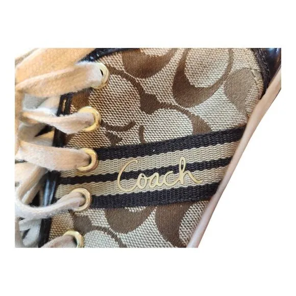 Coach logo sneakers women's sz 9 shoe brown &amp; beige  tennis shoe lace up shoes
