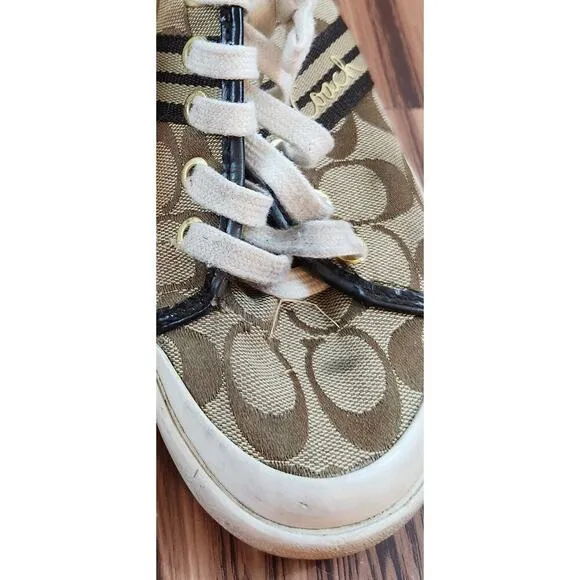 Coach logo sneakers women's sz 9 shoe brown &amp; beige  tennis shoe lace up shoes