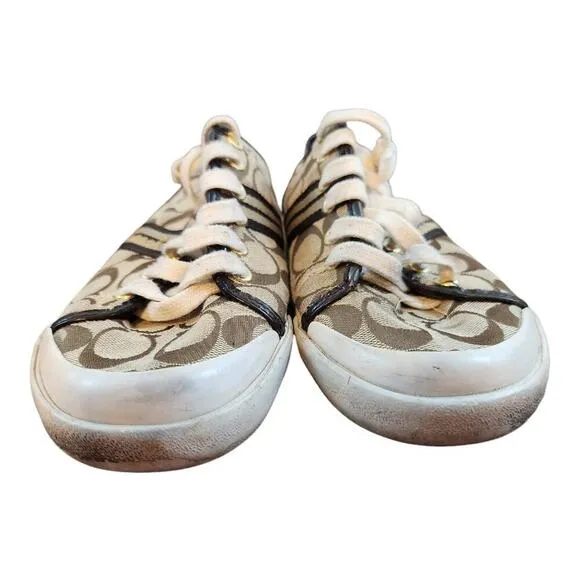 Coach logo sneakers women's sz 9 shoe brown &amp; beige  tennis shoe lace up shoes