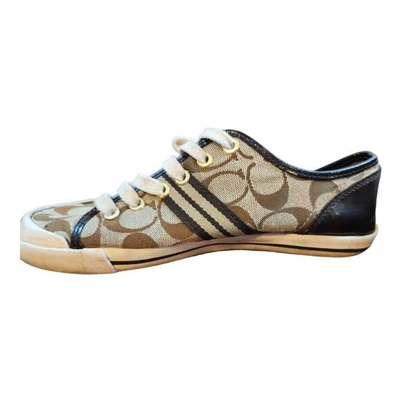 Coach logo sneakers women's sz 9 shoe brown &amp; beige  tennis shoe lace up shoes