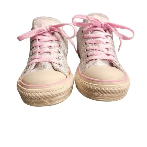 Converse All Star Silver &amp; Pink Leather Kicks Tennis Shoes Sneakers